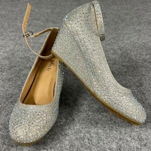 Link Big Kids Silver Rhinestone Wedge Heel Ankle Strap Dress Shoes Size 3